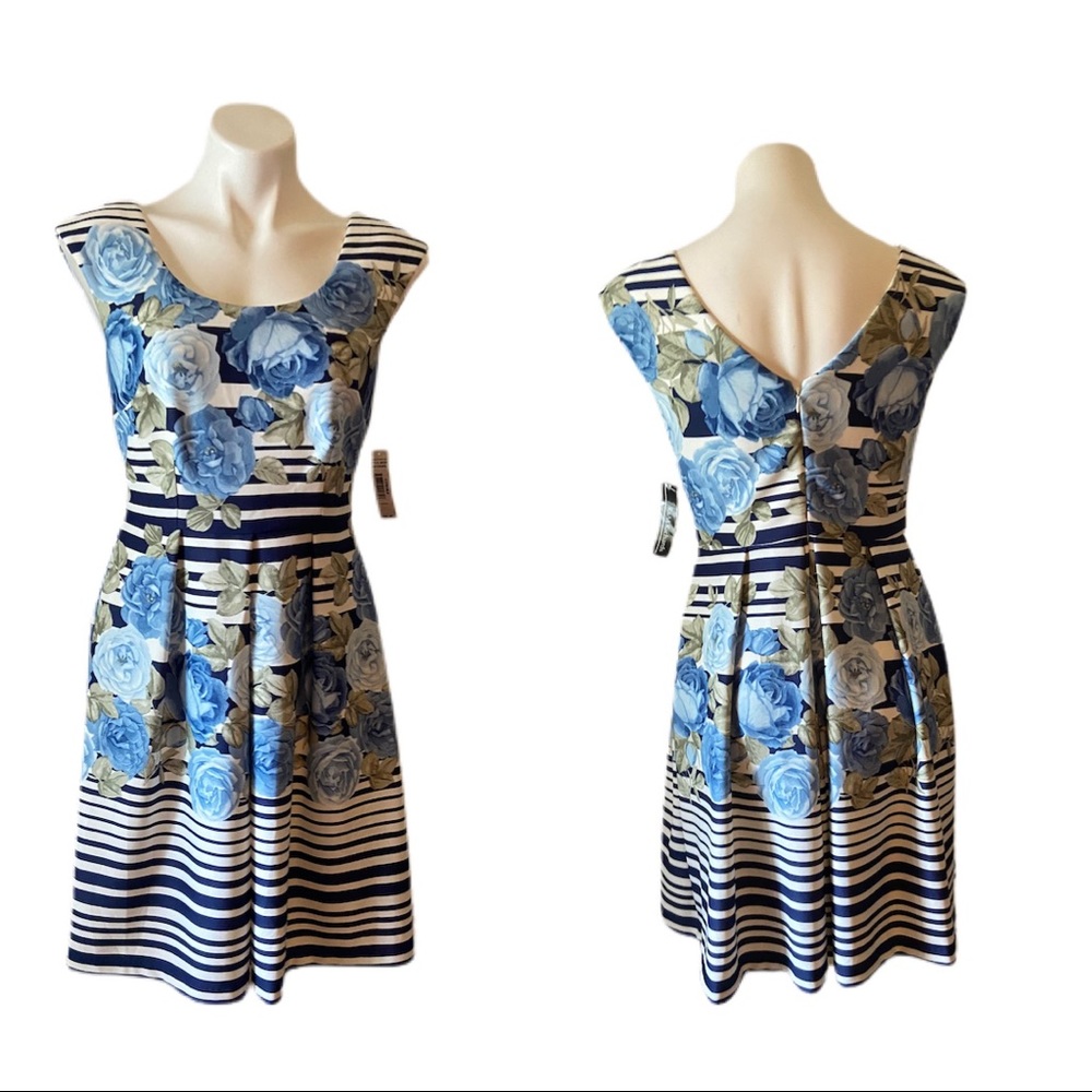 R&M Richards Blue Floral and Striped Midi Dress